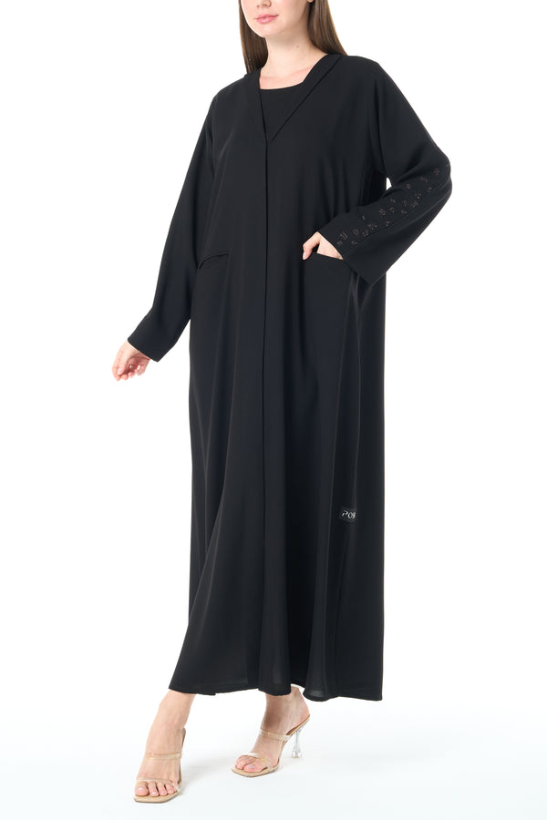 Black Claire Crepe Custom  Abaya with Front Beadwork