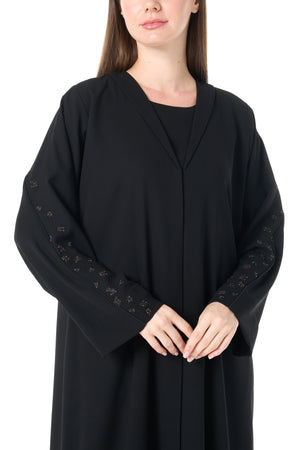 Black Claire Crepe Custom  Abaya with Front Beadwork