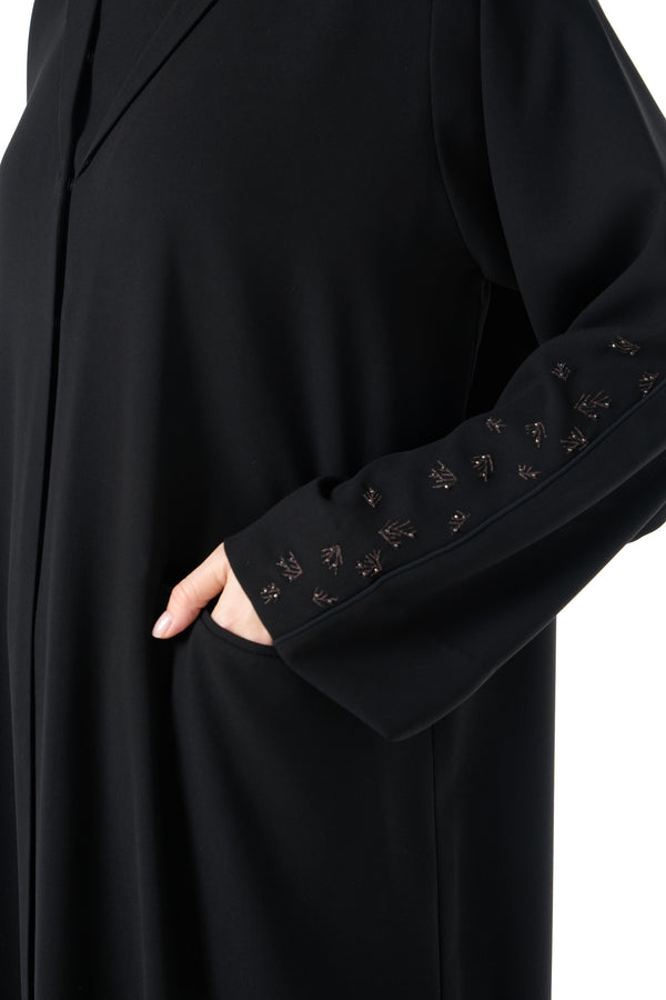 Black Claire Crepe Custom  Abaya with Front Beadwork