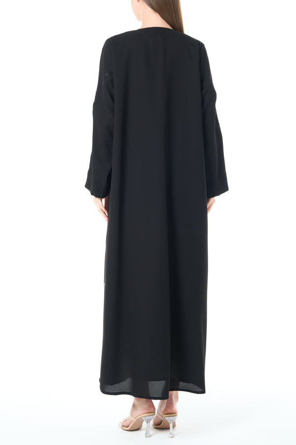 Black Claire Crepe Custom  Abaya with Front Beadwork