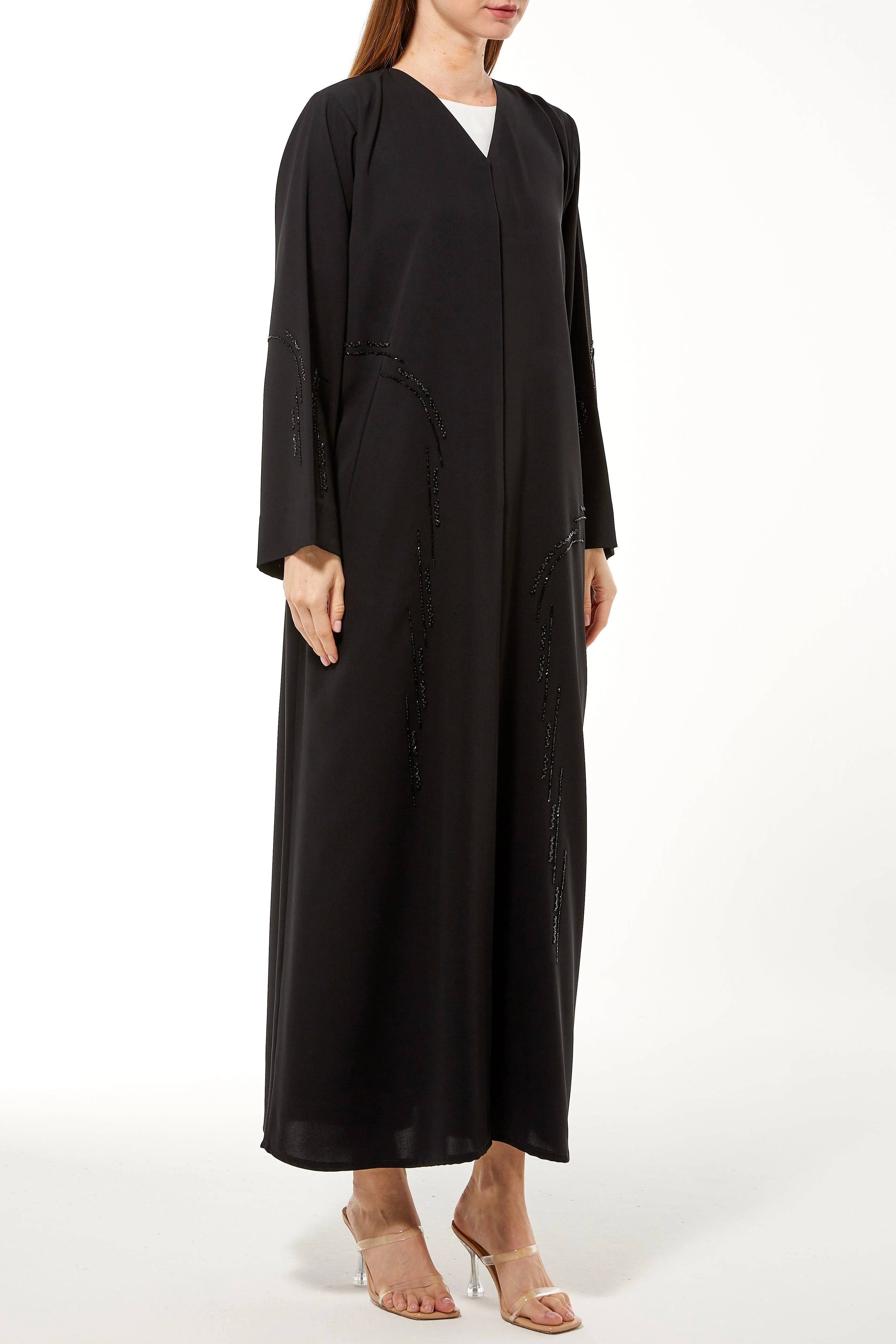 Black Iris Crepe Abaya with Arcs Beadwork - Posh Abaya