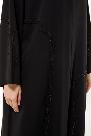 Black Iris Crepe Custom Abaya with Arcs Beadwork