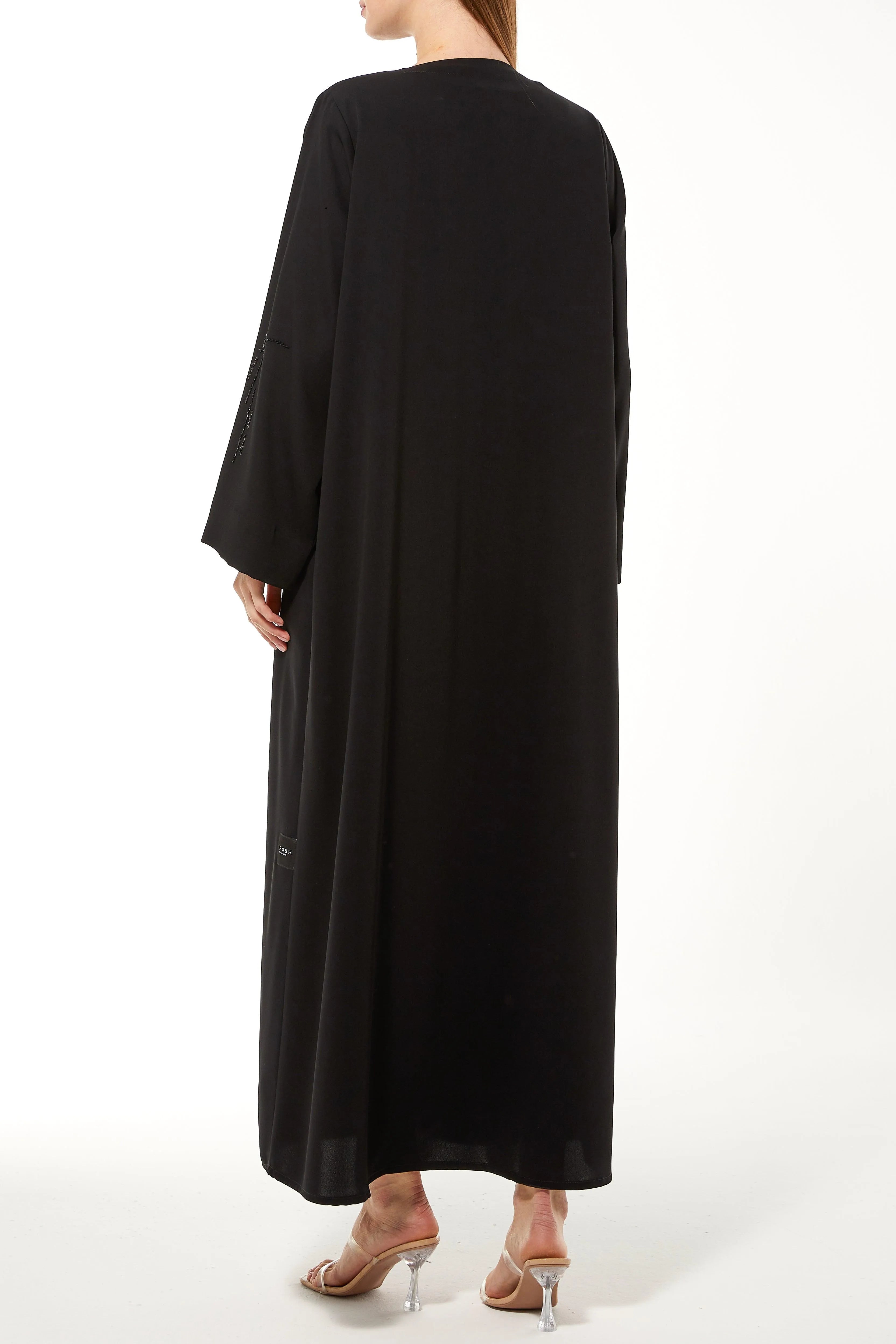 Black Iris Crepe Abaya with Arcs Beadwork - Posh Abaya
