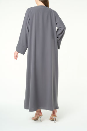 Grey Aroma Crepe Abaya with Gold Accent Buttons