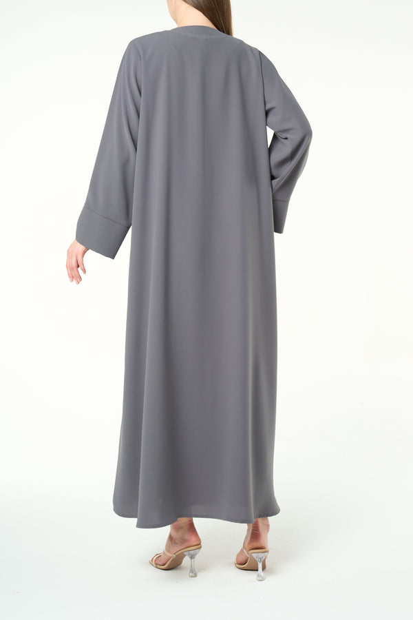 Grey Aroma Crepe Abaya with Gold Accent Buttons