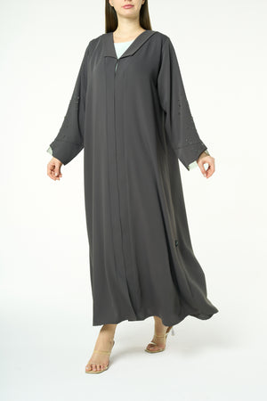 Green Zoe Crepe Abaya with Beaded Sleeve Detail