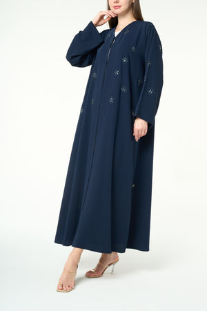 Blue Reya Crepe Abaya with Starburst Beadwork