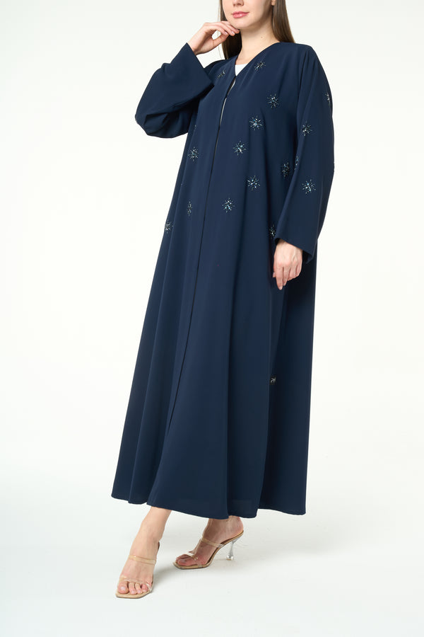 Blue Reya Crepe Abaya with Starburst Beadwork