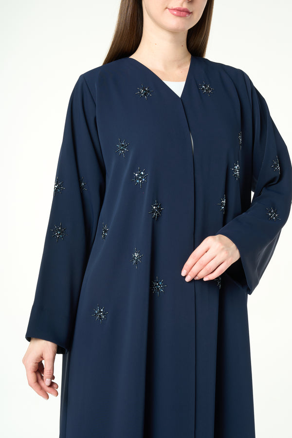 Blue Reya Crepe Abaya with Starburst Beadwork