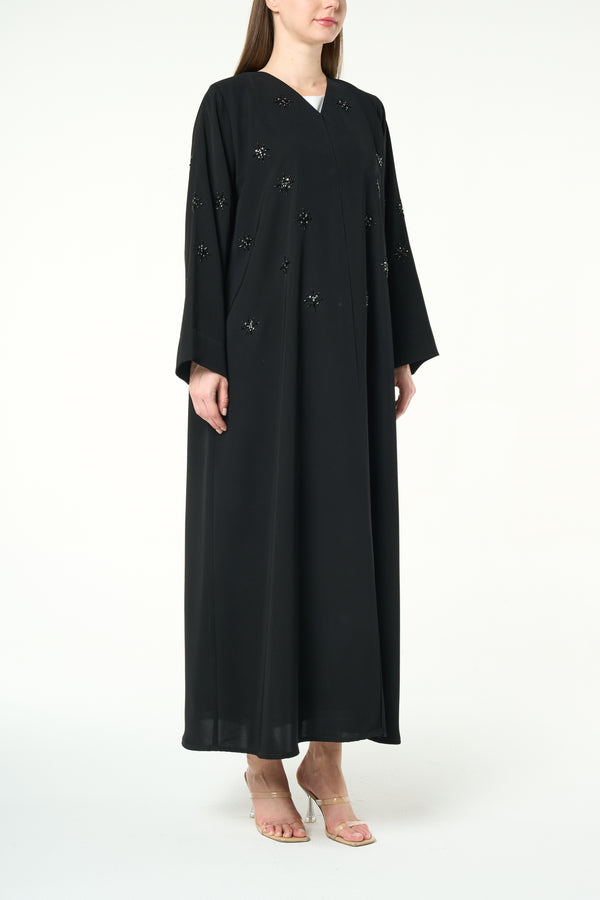 Black Reya Crepe Abaya with Starburst Beadwork