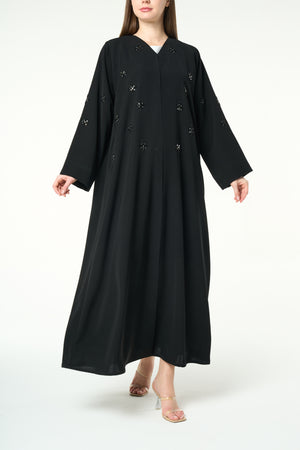 Black Reya Crepe Abaya with Starburst Beadwork