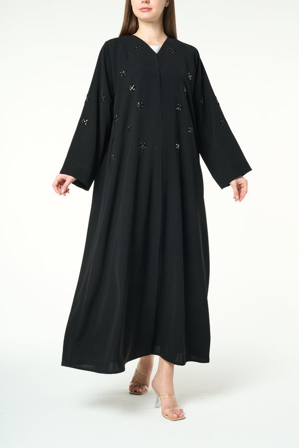 Black Reya Crepe Abaya with Starburst Beadwork