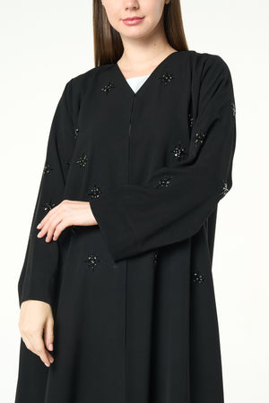 Black Reya Crepe Abaya with Starburst Beadwork