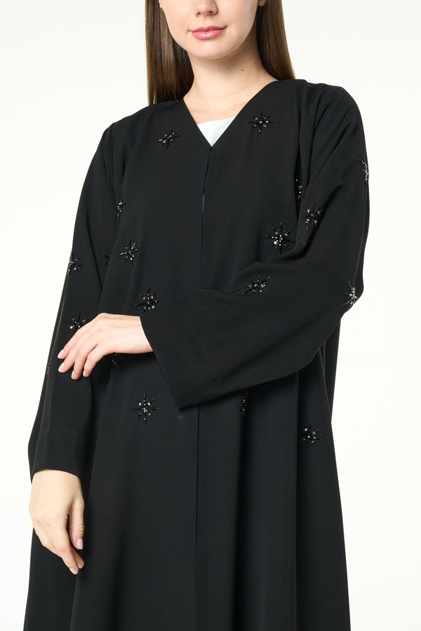 Black Reya Crepe Abaya with Starburst Beadwork