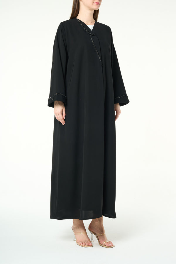 Black Reya Crepe Abaya with Beaded Trim Detailing