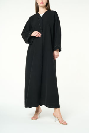 Black Reya Crepe Abaya with Beaded Trim Detailing