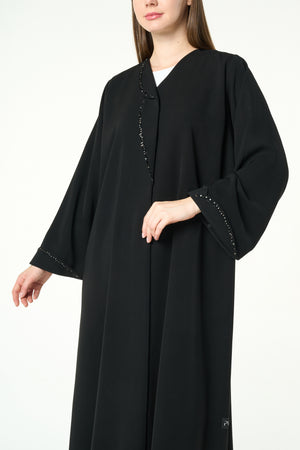Black Reya Crepe Abaya with Beaded Trim Detailing