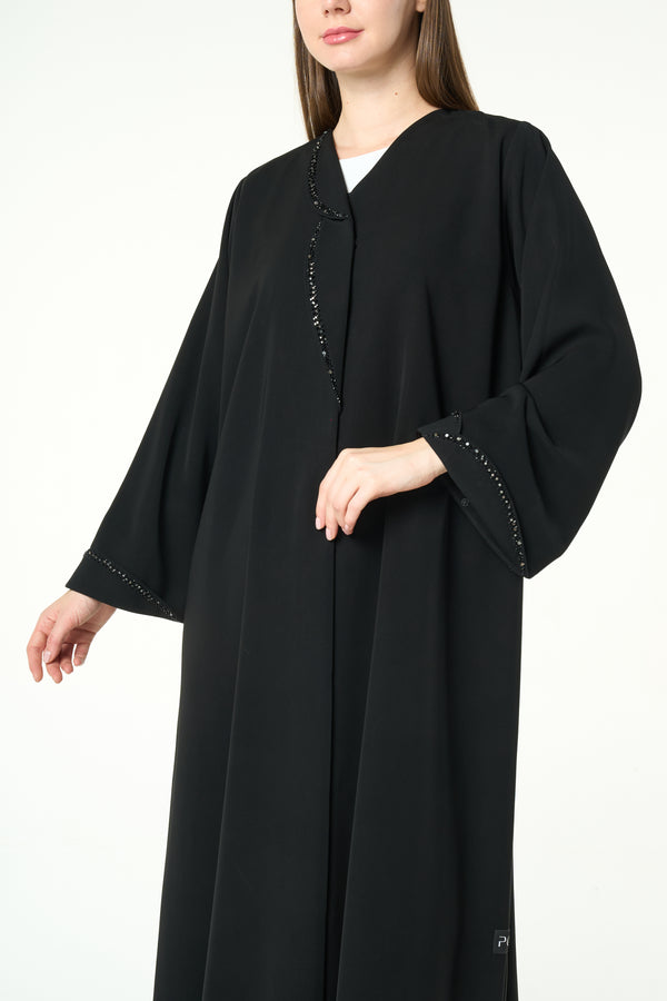 Black Reya Crepe Abaya with Beaded Trim Detailing