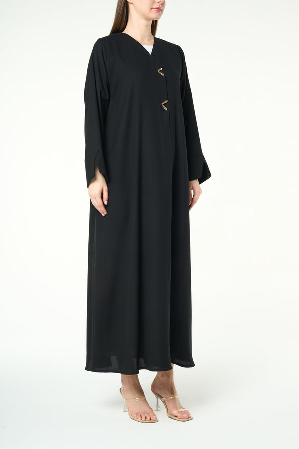 Black Imperial Crepe Abaya with Gold Accent Buttons