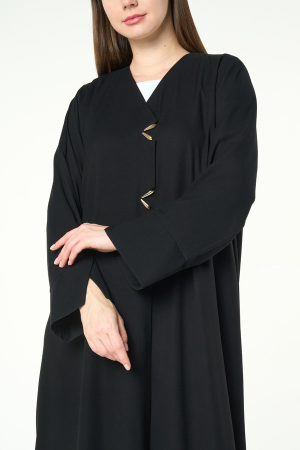 Black Imperial Crepe Abaya with Gold Accent Buttons