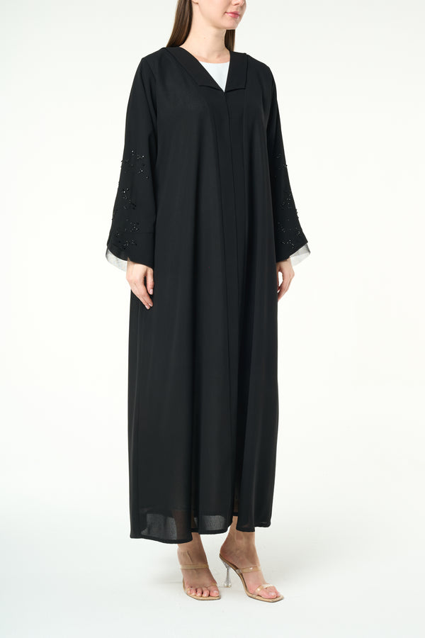 Black Shafa Crepe Abaya with Beaded Sleeve Detail