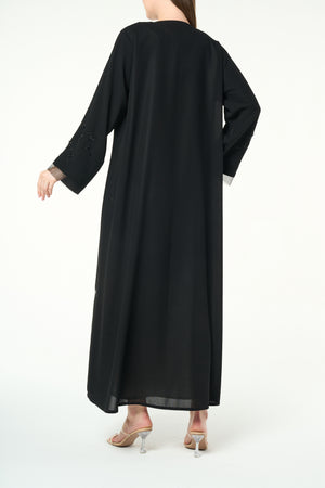 Black Layan Crepe Abaya with Tonal Sleeve Embroidery