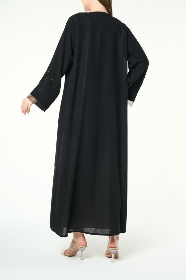 Black Layan Crepe Abaya with Tonal Sleeve Embroidery