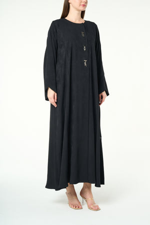 Black Fiona Jacquard Abaya with Beaded Tassel Accents