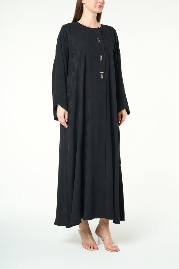 Black Fiona Jacquard Abaya with Beaded Tassel Accents