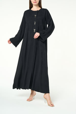 Black Fiona Jacquard Abaya with Beaded Tassel Accents