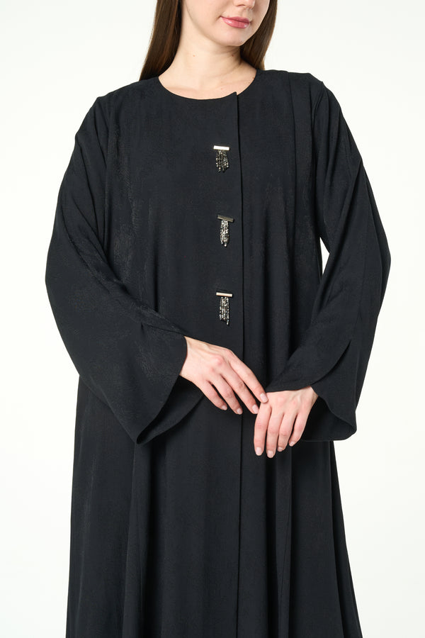 Black Fiona Jacquard Abaya with Beaded Tassel Accents