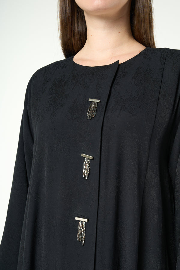 Black Fiona Jacquard Abaya with Beaded Tassel Accents