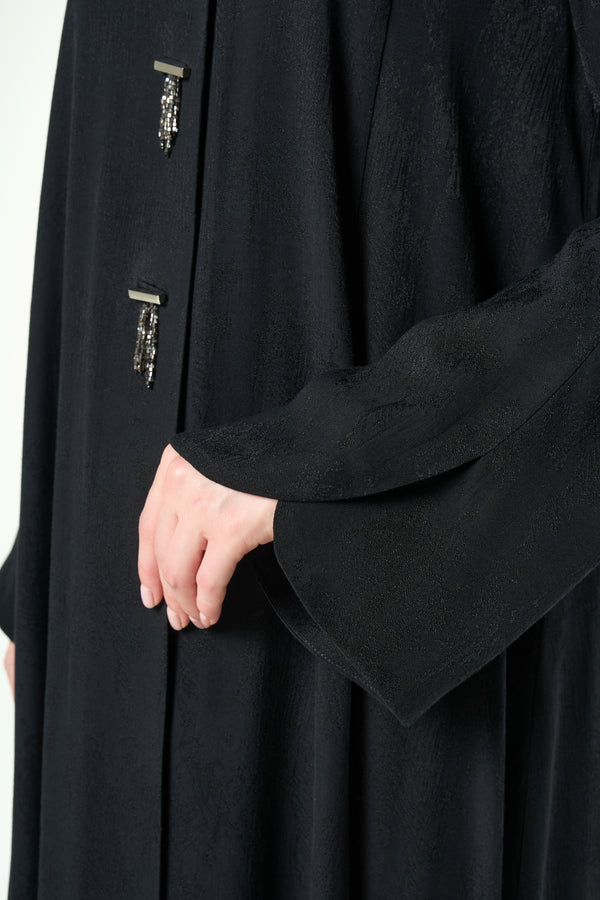 Black Fiona Jacquard Abaya with Beaded Tassel Accents