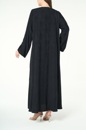 Black Fiona Jacquard Abaya with Beaded Tassel Accents