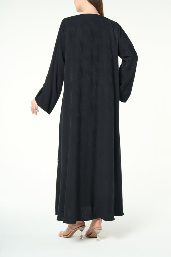 Black Fiona Jacquard Abaya with Beaded Tassel Accents