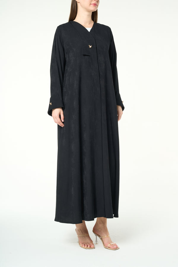 Black Fiona Jacquard Abaya with Butterfly Accent Buttons