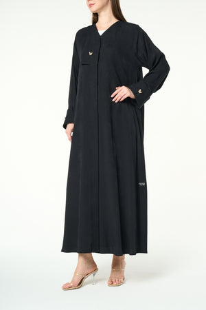 Black Fiona Jacquard Abaya with Butterfly Accent Buttons