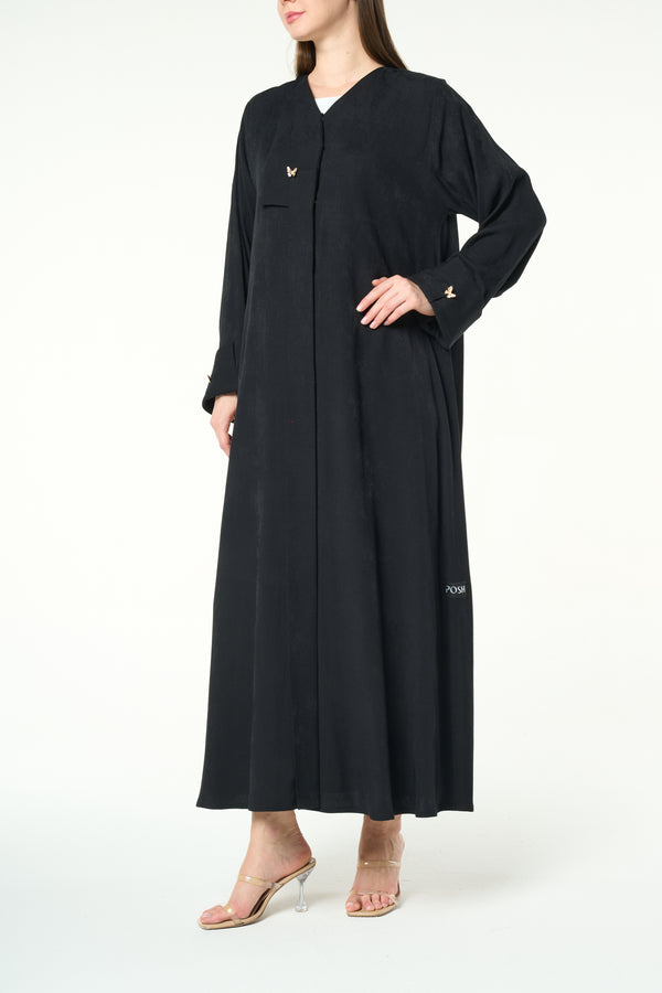 Black Fiona Jacquard Abaya with Butterfly Accent Buttons