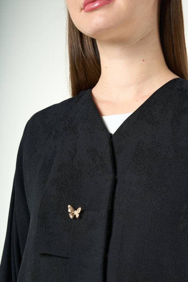 Black Fiona Jacquard Abaya with Butterfly Accent Buttons