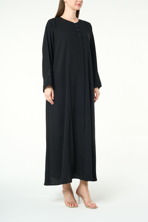 Black Layan Crepe Abaya with Mountain-Inspired Embroidery