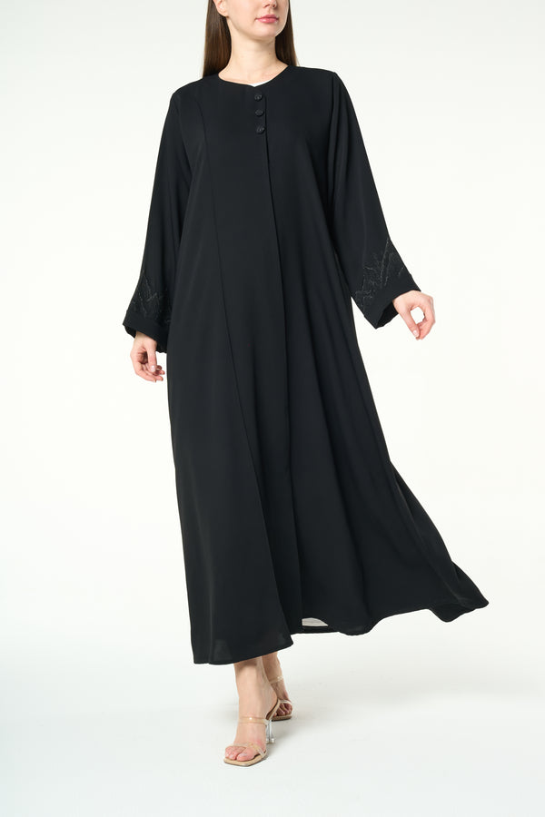 Black Layan Crepe Abaya with Mountain-Inspired Embroidery