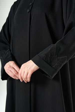 Black Layan Crepe Abaya with Mountain-Inspired Embroidery