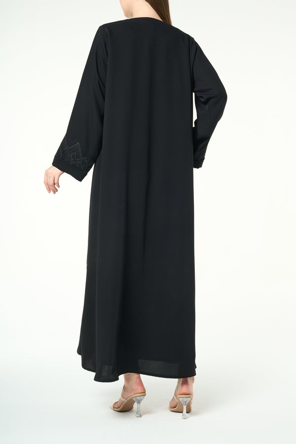 Black Layan Crepe Abaya with Mountain-Inspired Embroidery