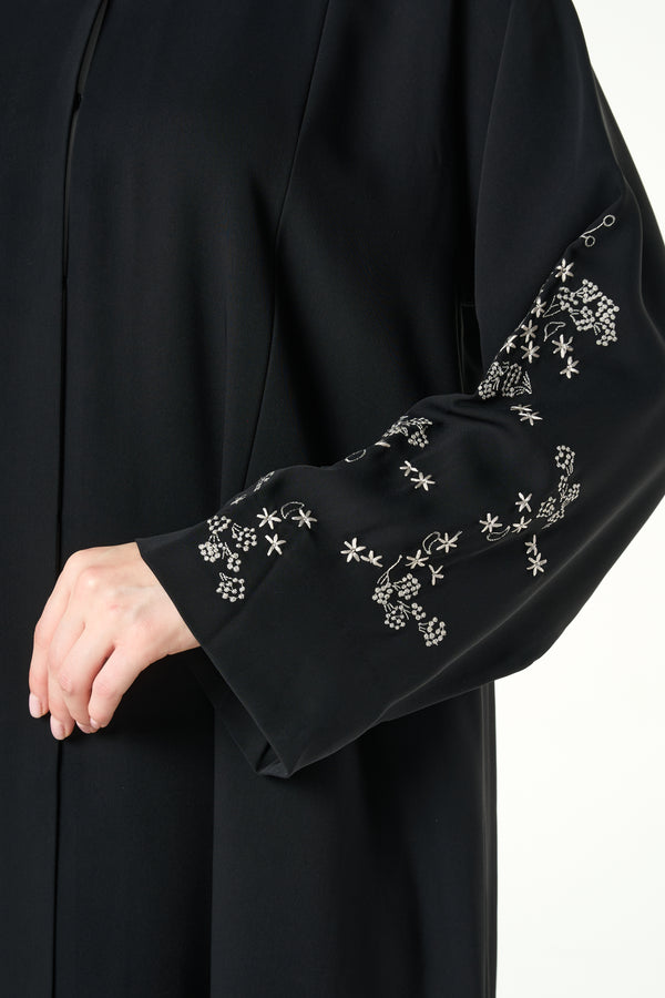 Black Layan Crepe Abaya with Tonal Sleeve Embroidery