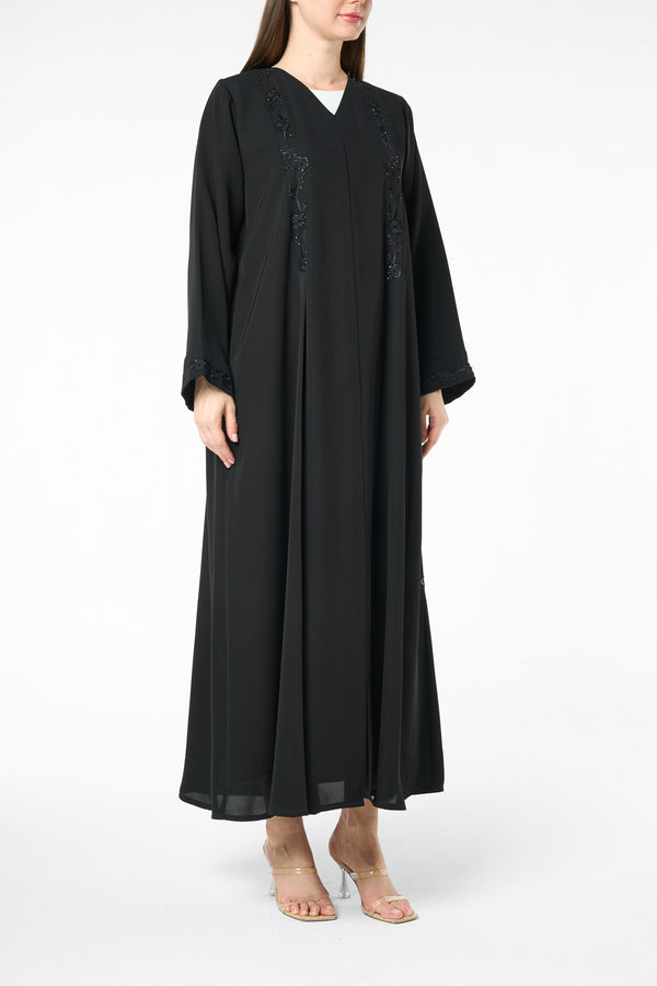 Black farasha crepe Abaya with Embroidered Front and Pintuck Detail
