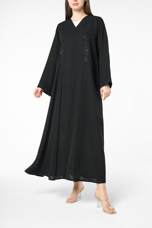 Black farasha crepe Abaya with Embroidered Front and Pintuck Detail