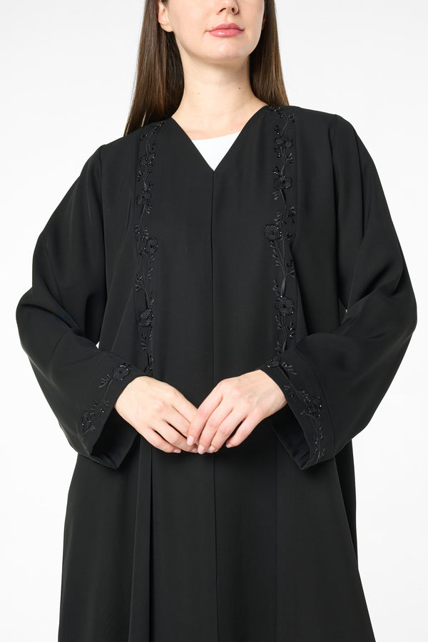 Black farasha crepe Abaya with Embroidered Front and Pintuck Detail