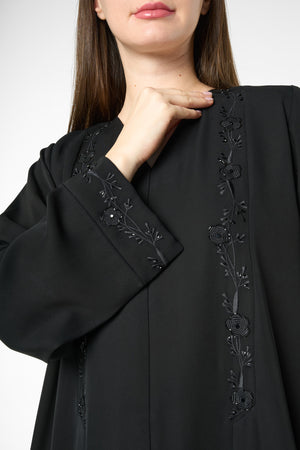 Black farasha crepe Abaya with Embroidered Front and Pintuck Detail