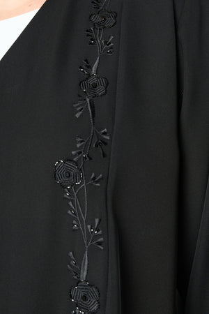 Black farasha crepe Abaya with Embroidered Front and Pintuck Detail