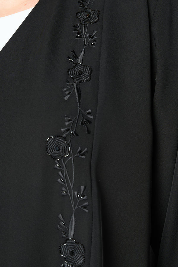 Black farasha crepe Abaya with Embroidered Front and Pintuck Detail